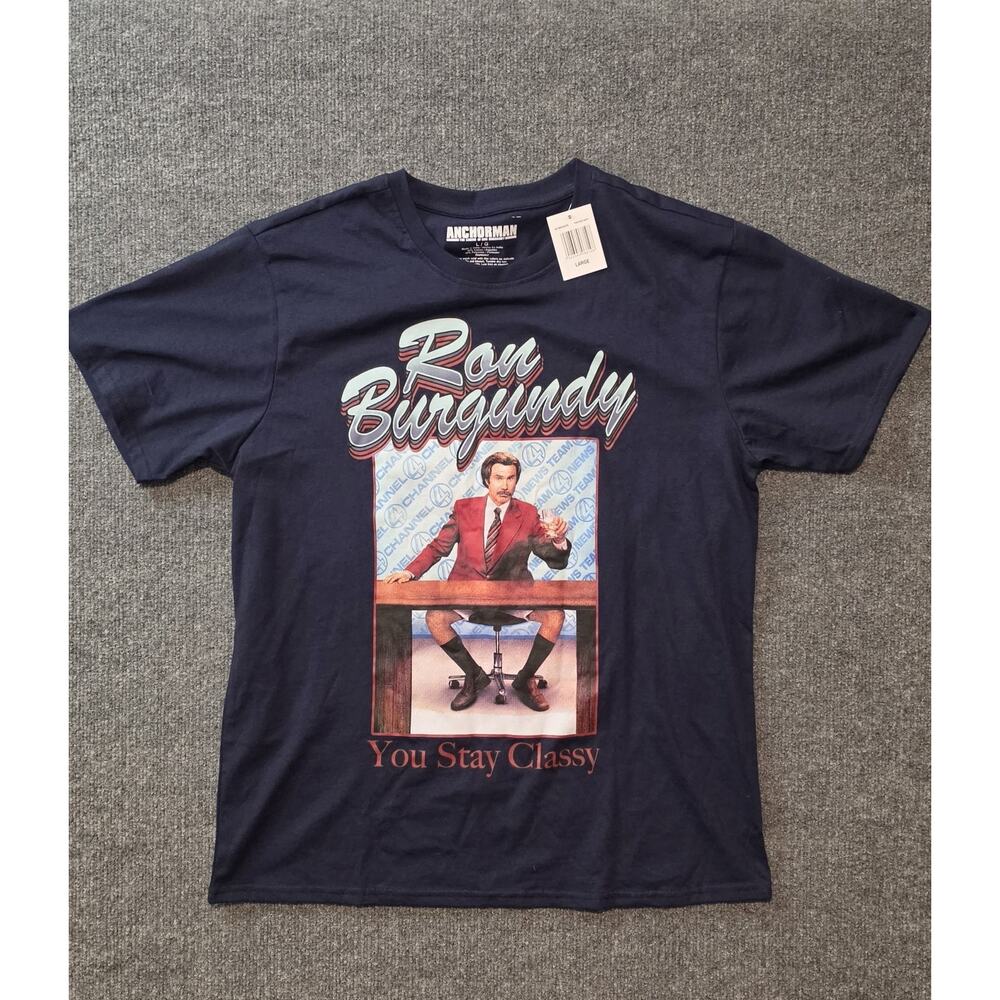 Anchorman Ron Burgundy T Shirt LG Navy You Stay Classy Movie Graphic Paramoun